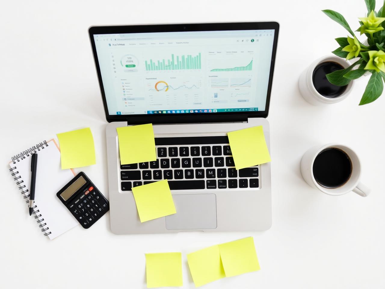 Bookkeeping business owner's desk with a client dashboard on a laptop