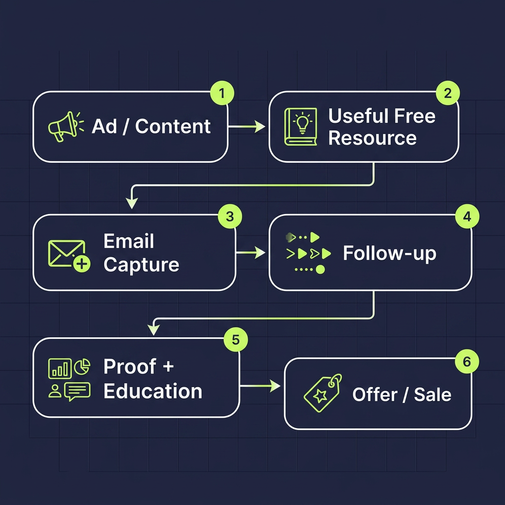 Marketing funnel map showing the customer journey from ad content to email capture, follow-up, proof, and sale